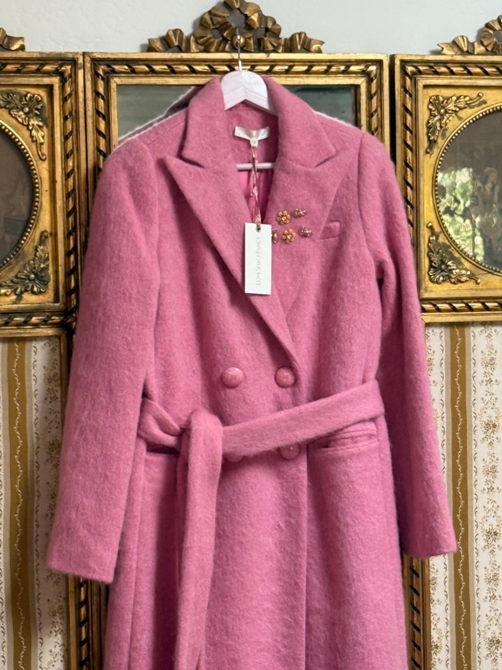 NWT LoveShackFancy Floret Wool Double Breasted Long Trench Coat Pink XS Bow - Picture 6 of 16